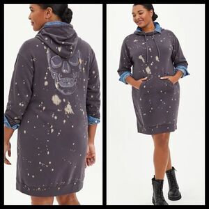 1X 14W 16W Torrid Grey Bleach Splatter Sweatshirt Dress Fleece Skull Hood Lounge